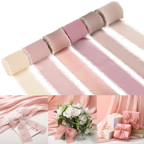 Nuanchu Chiffonband in Altrosa, 3,8 cm x 42 m, handgefertigt, ausgefranste Kanten, Seidenbänder für Hochzeitseinladungen, Geschenke, Verpackung, Brautsträuße, Babyparty, Basteln, Party-Dekorationen, 6 von Nuanchu
