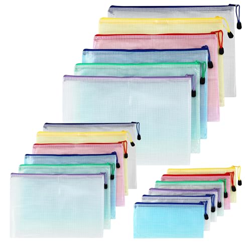 Dokumententaschen A4+A5+A6, 18 Stück Dokumententaschen mit Reißverschluss,Wasserdichte Document Case, Mesh Plastic Zip Bag für Dokumente, Papier, Kosmetika und Reisezubehör von Nuangoo
