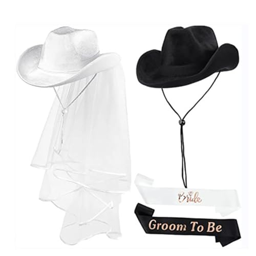 Nucelit Cowgirl-Hut mit Schleier, für Braut und Bräutigam, Schärpe, Abzeichen für Braut, Junggesellinnenabschied, für Braut, Bräutigam, Kostüm Nucelit Cowgirl-Hut mit Schleier, für Braut und Bräutigam, Schärpe, Abzeichen für Braut, Junggesellinnenabschied, für Braut, Bräutigam, Kostüm von Nucelit