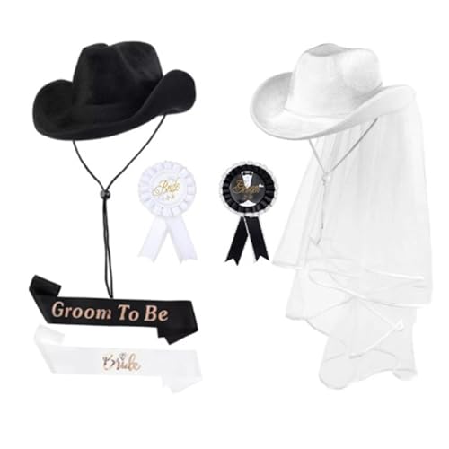 Nucelit Cowgirl-Hut mit Schleier, für Braut und Bräutigam, Schärpe, Abzeichen für Braut, Junggesellinnenabschied, für Braut, Bräutigam, Kostüm Nucelit Cowgirl-Hut mit Schleier, für Braut und Bräutigam, Schärpe, Abzeichen für Braut, Junggesellinnenabschied, für Braut, Bräutigam, Kostüm von Nucelit