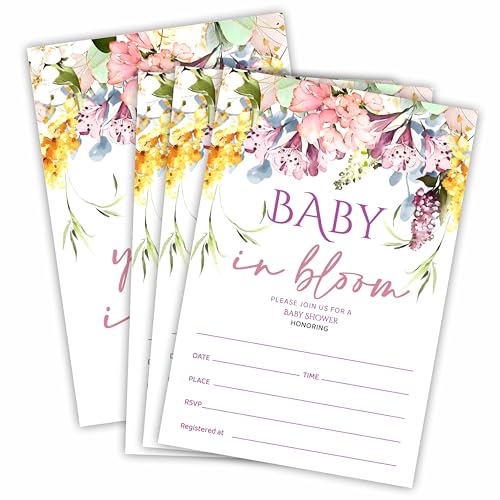 Nuckxy Einladungen zur Babyparty mit Umschlägen, Blumen-Baby in Blüte, Einladungen für Mädchen, Neugeborene, Eltern, Partyzubehör und Dekorationen, 25 Stück von Nuckxy