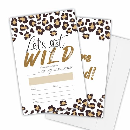 Nuckxy Let's Get Wild Geburtstagseinladung Kindergeburtstag, Leopardenmuster, doppelseitig, mit Umschlägen, Party-Dekoration und Zubehör, A15, 10,2 x 15,2 cm, 20 Stück von Nuckxy