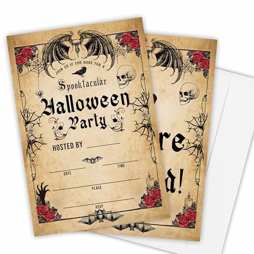 Nuckxy Spooktacular Party-Einladungen für Halloween – 25 Retro-Halloween-Party-Einladungen mit Umschlägen, roten Rosen, Fledermäusen und Totenköpfen, Halloween-Partyzubehör für Teenager und von Nuckxy