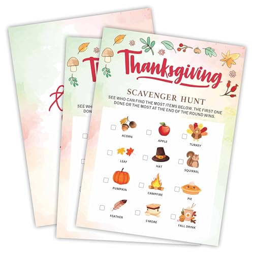 Thanksgiving-Schnitzeljagd-Spiel-Set, 30 Stück, Aquarell-Thema, doppelseitig, zum Ausfüllen, Spielkarten für Thanksgiving, Familie, Freunde und Klassenzimmer-Aktivitäten, A04 von Nuckxy