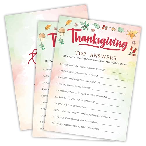 Thanksgiving-Top-Antworten-Spiel-Set, 30 Stück, Aquarell-Thema, doppelseitig, zum Ausfüllen, mit Antwortblatt, für Thanksgiving, Familie, Freunde und Klassenzimmer-Aktivitäten, A07 von Nuckxy