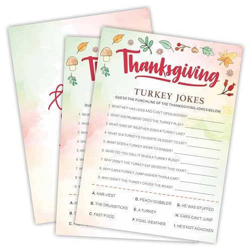 Thanksgiving-Truthahn-Witz-Spiel-Set, 30 doppelseitige Aquarell-Spielkarten mit Antwortblatt für Thanksgiving, Familie, Freunde und Klassenzimmer-Aktivitäten, A05 von Nuckxy