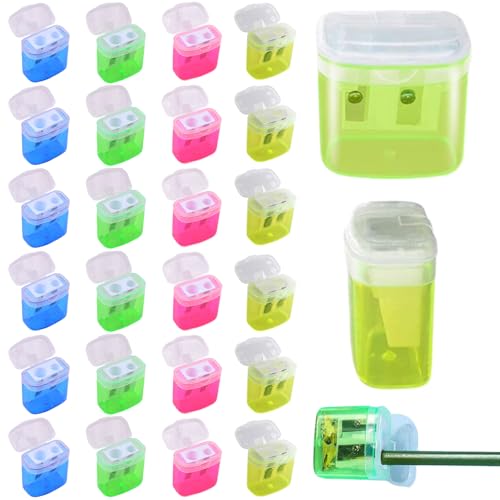 24pcs Bleistiftschärfer mit Deckel 2x2x1 '' Bleistiftschärfer Masse mit zwei Größen Plastikhandbuch Schärfer für Kinder, Schüler, Lehrer und Künstler von Nuelreva