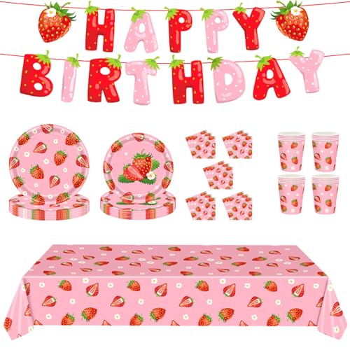 Erdbeerparty -Dekorationen, 70pcs/festgelegte Einweg -Babyparty -Dekorationen umfassen 54x108 Tischdecke, Tassen, Banner, 7 & 9 -Zoll -Teller und Servieter Erdbeere von Nuelreva