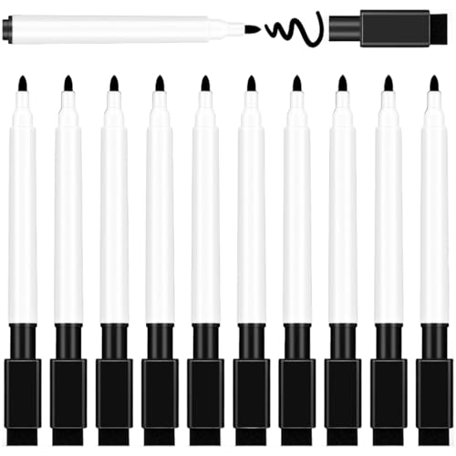 Nuelreva Trockener Löschung Marker mit Radiergummi Cap 10 PCS 4, 5 Zoll Länge Feine Spitze Trockener Löschmarkierungen Schwarz Farbe Whiteboard für Schule, Büro, Besprechungsraum von Nuelreva