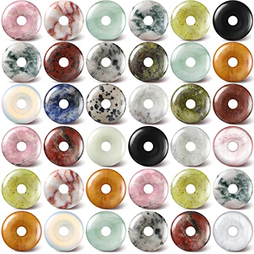 32 Stück Handschmeichler Donut Glückskristall 20 mm Edelstein Donut-Scheibenanhänger großes Loch Quarz Amulett Glückskristalle für Hexerei Zubehör DIY Schmuckherstellung von Nuenen