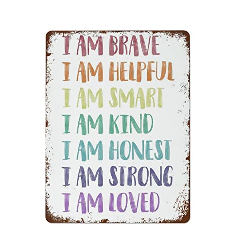 Kinder-Aquarell-Blechschild mit Affirmationsdruck, Wandkunst, Kleinkind, Kinderzimmer, Kunst, Familiendruck, mutig, stark, intelligent, geliebt, Retro-Blechschild, Vintage-Schild für Zuhause, Kaffee von Nufar