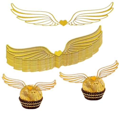 50 Stück Goldene Schokoladen Flügel Cupcake Topper, Glitzernde Deko für Kuchen & Bonbons – Perfekt für Geburtstagsfeiern, Mottopartys & Zauberer-Events (Kinder & Erwachsene) von Nujvnuj