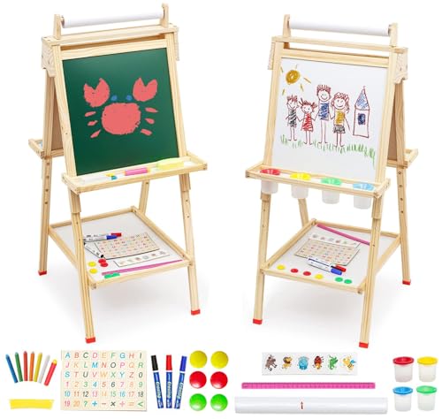 Kinder Staffelei 3 in 1 Holz Kunst Staffelei Höhenverstellbar Standtafel Maltafel Stehend mit Papierrolle Doppelseitige Kreidetafel und Whiteboard Ablagefach Buchstaben Zahlen und Anderes Zubehör von Nukdey