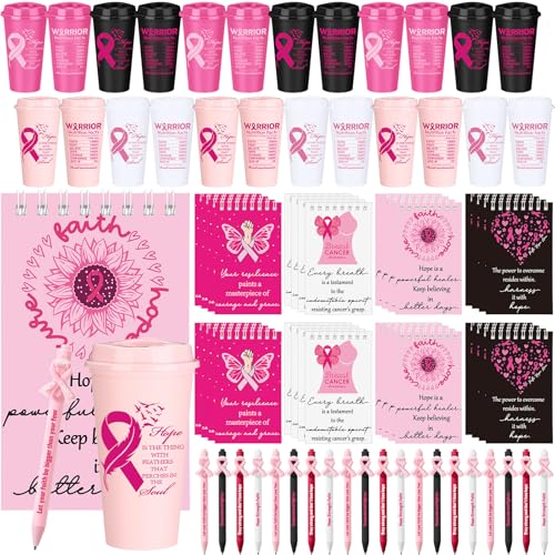 Nuogo 144-teiliges Geschenk-Set für Brustkrebs-Bewusstseinsgeschenke mit rosa Schleifenband, inklusive 473 ml Kaffeetasse, Kunststoff, wiederverwendbar, inspirierende Notizblöcke, rosa Schleifenstifte von Nuogo