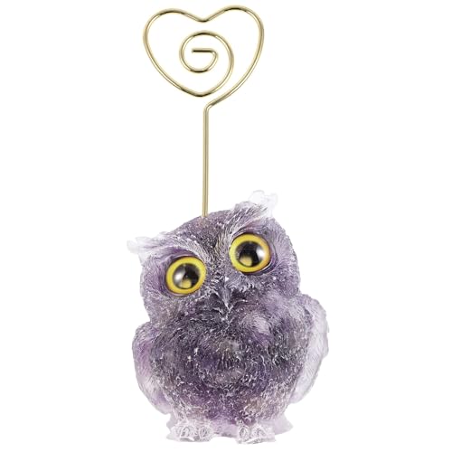Nupuyai 10cm Amethyst Eule Figur Fotohalter Tischdeko, Harz Eule Stein Vögel Basis Memo Kartenhalter, Tischkarte Menü Namensschild Tischnummern Halter für Hochzeit Büro Haus von Nupuyai