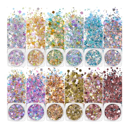 Festival Glitzer Gesicht 60g,12 Farben Glitzer,Glitzer Gel Gesicht Body Glitter Gel Chunky Sequin Face Body Glitter DIY Glitzer Pulver Set Glitzer Schminke Set Ideal Für Dekoration, Karten, Papier von Nurila