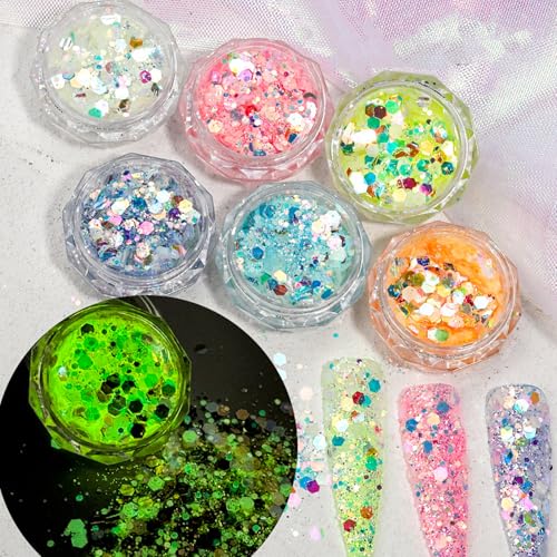 Glitzer Gesicht,6 Farben Fluoreszierendes Nailart Glow-in-the-Dark-Glitter,Glitzer Schminke Gesicht,Festival Glitzer Gesicht,Glitzerpulver 45g Zum Basteln Für Make-Up, Karten, Nagelkunst, Party, DIY, Glitzer Gesicht,6 Farben Fluoreszierendes Nailart Glow-in-the-Dark-Glitter,Glitzer Schminke Gesicht,Festival Glitzer Gesicht,Glitzerpulver 45g Zum Basteln Für Make-Up, Karten, Nagelkunst, Party, DIY, von Nurila