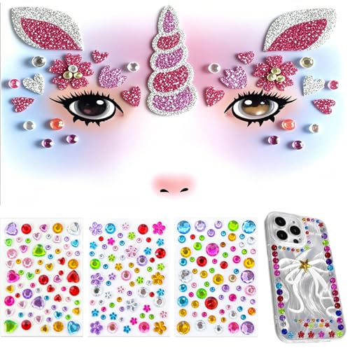 Glitzersteine Selbstklebend, 204 Stk Glitzersteine Zum Basteln Mit 2 Gesichtsaufkleber(Einhorn+Schmetterling),Glitzersteine Gesicht, Glitzer sticker bastelsachen für Kinder Für Make-Up, DIY, Augen von Nurila