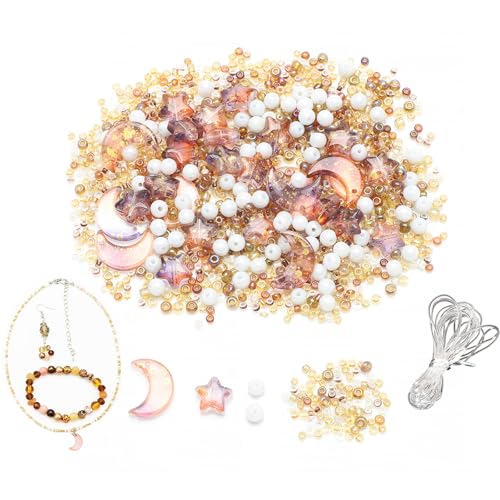 Nurila 110 Stück Perlen zum Auffädeln,12mm Gold Stern Mondförmige Perlen Set für Armbänder Erwachsene, Schmuck Selber Machen Set, Glasperlen zum Auffädeln für DIY Armbänder, Halsketten von Nurila