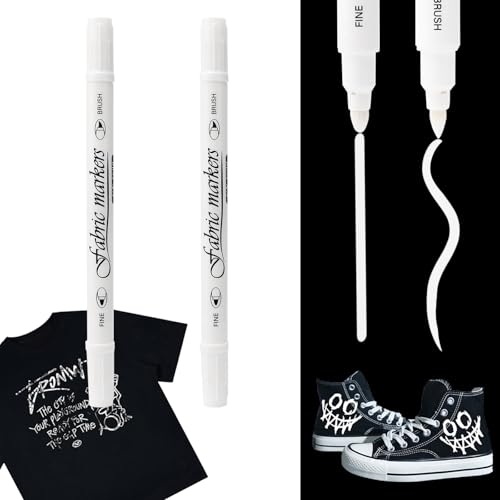 Nurila 2 Stück Weiß Textilstifte Waschmaschinenfest, Stoffmalstifte Waschfest, Doppelkopf Textilmarker, Stoffstifte Waschmaschinenfest für T-Shirts, Hut, Segeltuchschuhe, Einkaufstasche von Nurila