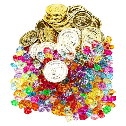 Nurila 240 Stk Piratenschatz Edelsteine für Kinder mit 50 Stk Goldmünzen Schatztruhe Kindergeburtsta, Goldmünzen Piratenschatzpiratenschatz,Piratenparty Mitgebsel,Schatzsuche Kindergeburtstag von Nurila