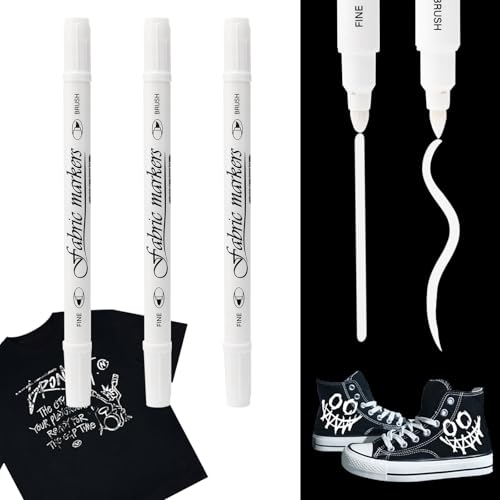 Nurila 3 Stück Weiß Textilstifte Waschmaschinenfest, Stoffmalstifte Waschfest, Doppelkopf Textilmarker, Stoffstifte Waschmaschinenfest für T-Shirts, Hut, Segeltuchschuhe, Einkaufstasche von Nurila