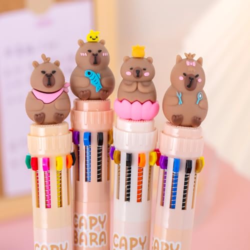 Nurila 4 Pack 0.7mm Mehrfarbiger Kugelschreiber,10 in 1 Besondere Stifte Für Kinder Einziehbar, Mehrfarbig, 10 Farben Multicolor Pen Capybara Für Schüler, Büro, Kinder, Geschenk von Nurila