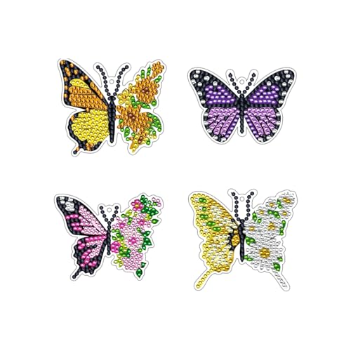 Nurila 4 Stk Diamond Painting Schlüsselanhänger, Schmetterling Diamond Painting Kinder Set, DIY Rhinestone Pasted Diamant Malerei Schlüsselbund Stickerei Kunst Handwerk Anhänger für Kinder Geburtstag von Nurila