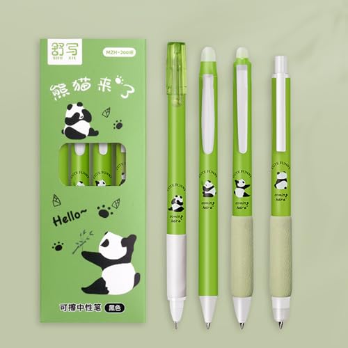Nurila 4 Stück Radierbarer Kugelschreiber Set, Panda Tiere Radierbarer Tintenroller 0.5mm Schwarz Mit Radiergummi, Ideal Für Büro Und Schule von Nurila