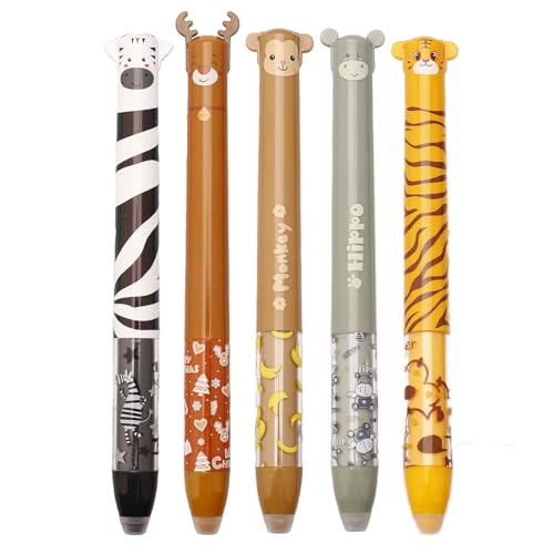 Nurila 5 Radierbarer Kugelschreiber Set, Tiere Radierbarer Tintenroller 0.5mmzweifarbig Rot Und Blau Mit Radiergummi, Ideal Für Büro Und Schule, Motiven Reh, Zebra, Tiger, Affe, Nilpferd von Nurila