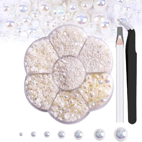 Nurila 5600 Stück Glitzersteine,93g Mix Halbperlen Und Glitzersteine Mit Pinzette Und Stift Für Kunsthandwerk,2mm-10mm Mit Stift und Pinzette, Strasssteine für Kleidung, Schuhe, DIY, Basteln(Weiß AB) von Nurila