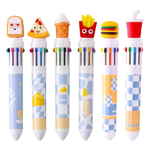Nurila 6 Pack 0.5mm Mehrfarbiger Kugelschreiber,10 in 1 Besondere Stifte Für Kinder Einziehbar, Mehrfarbig, 10 Farben Multicolor Pen Lebensmittel-Serie Für Schüler, Büro, Kinder, Geschenk von Nurila