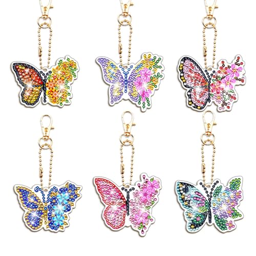 Nurila 6 Stk Diamond Painting Schlüsselanhänger，Schmetterling Diamond Painting Kinder Set, DIY Rhinestone Pasted Diamant Malerei Schlüsselbund Stickerei Kunst Handwerk Anhänger für Kinder Geburtstag von Nurila