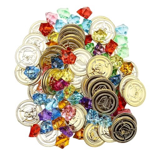 Nurila 60 Stk Piratenschatz Edelsteine für Kinder Mit 50 Stk Goldmünzen Kinder, Perfekt für Piraten Deko, Goldmünzen Piratenschatz Kindergeburtstag Schatztruhe Kindergeburtstag von Nurila