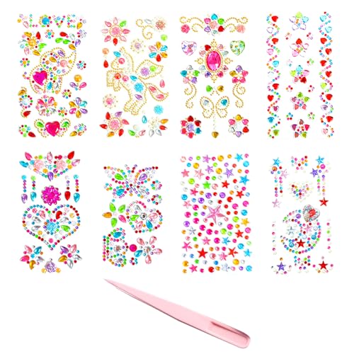 Nurila Glitzersteine Selbstklebend, 8 Blätter Strasssteine Selbstklebend, Glitzersteine zum Basteln, Glitzer Sticker für DIY Make-Up, Augen, Nagel, Schmetterling Mond Einhorn Muster von Nurila