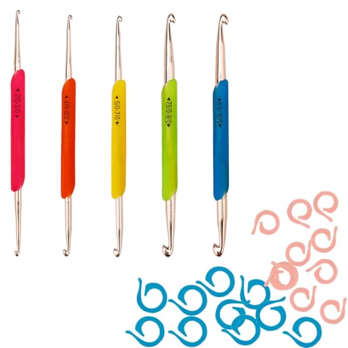 Nurila Häkelnadel Set, 5 Stück Bunte Ergonomische Häkelnadel, Doppelseitige Häkelnadeln Inklusive Maschenmarkierer, Crochet Hook für Anfänger und Profis, Häkelnadeln für Textilien, Heimweberei von Nurila