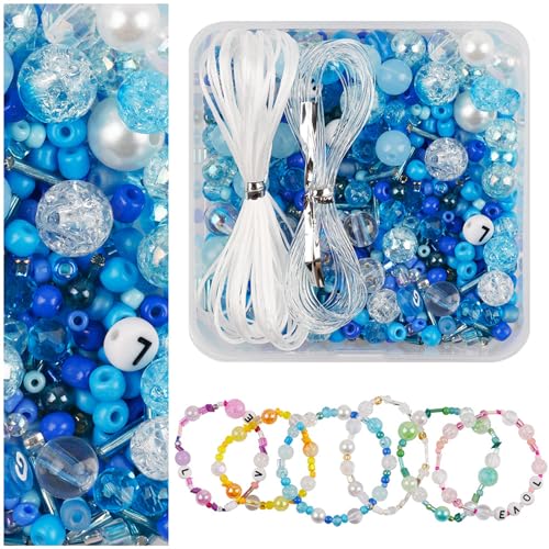 Nurila Perlen für Armbänder, Blau Armbänder Selber Machen, Perlen Set Mit elastischer Kordel, Perlen zum Auffädeln, Perlenset, Beads für Kopfbedeckungen, Kleidung, Hochzeit, DIY Basteln von Nurila