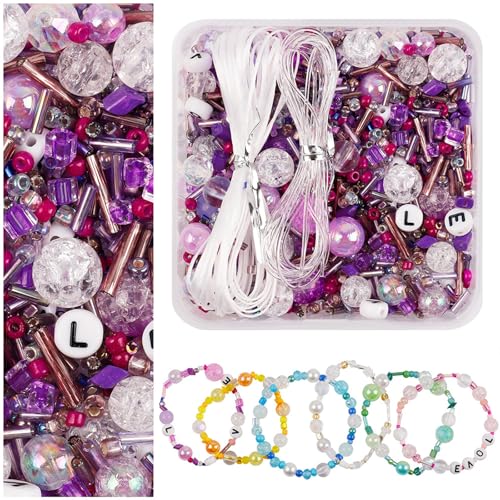 Nurila Perlen für Armbänder, Lila Armbänder Selber Machen, Perlen Set Mit elastischer Kordel, Perlen zum Auffädeln, Perlenset, Beads für Kopfbedeckungen, Kleidung, Hochzeit, DIY Basteln von Nurila