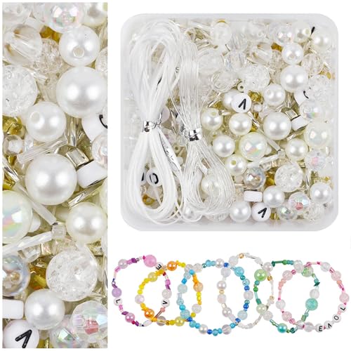 Nurila Perlen für Armbänder, Weiß Armbänder Selber Machen, Perlen Set Mit elastischer Kordel, Schmuck Selber Machen Set, Perlenset für Kopfbedeckungen, Kleidung, Hochzeit, DIY Basteln von Nurila
