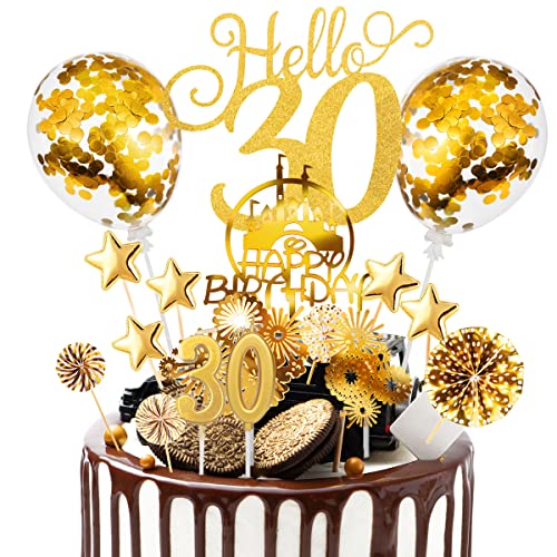 Tortendeko 30 Geburtstag Frauen Männer Deko 17Pcs Kuchendeko 30. Geburtstag, Deko 30 Geburtstag, Happy Birthday 30 Tortendeko Gold mit Geburtstagskerzen Sternen Luftballons und Papierfächer von Nuts OT nuts