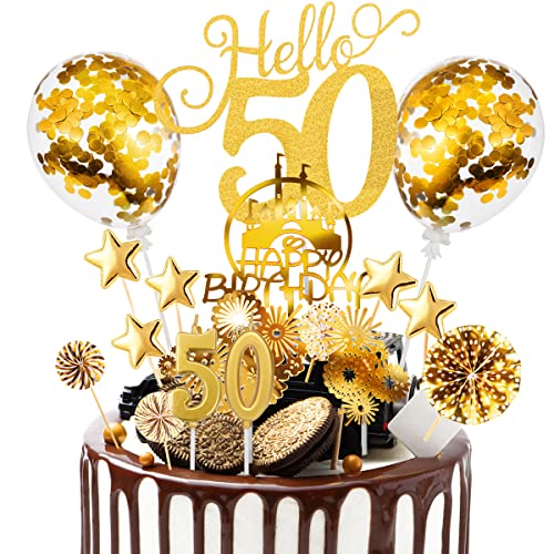 Tortendeko 50 Geburtstag Frau Mann,17Pcs Kuchen Deko Geburtstag,Happy Birthday Gold Cake Topper 50, Deko 50.Jahre Geburtstag,Cake Decoration mit Geburtstagskerzen Luftballons für Party Deko von Nuts OT nuts