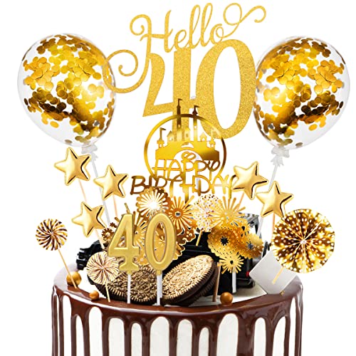 Tortendeko 40 Geburtstag Männer Frauen 17 Pcs Cake Topper Happy Birthday Kuchen Dekoration 40 Geburtstag Torten Topper Deko mit geburtstagskerzen Sternen Konfetti-Luftballons und Papierfächer Gold von Nuts OT nuts