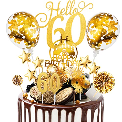 Tortendeko 60 Geburtstag Frau Männer 17 Pcs Cake Topper 60 Happy Birthday Kuchen Dekoration 60 Geburtstag Torten Topper mit Zahlenkerze 60, Sternen Konfetti-Luftballons und Papierfächer Gold von Nuts OT nuts