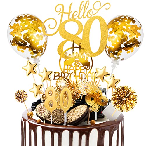 Tortendeko 80 Geburtstag Männer Frauen 17 Pcs Cake Topper Happy Birthday Kuchen Dekoration 80 Geburtstag Torten Topper Deko mit Zahlenkerze 80,Sternen Konfetti-Luftballons und Papierfächer Gold von Nuts OT nuts