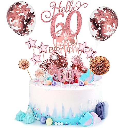 Tortendeko 60 Geburtstag Männer Frauen 17 Pcs Cake Topper Happy Birthday Kuchen Dekoration 60 Geburtstag Torten Topper Deko mit geburtstagskerzen Sternen Konfetti-Luftballons und Papierfächer Roségold von Nuts OT nuts