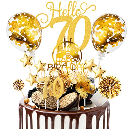 Tortendeko 70 Geburtstag Mann Frau, 17Pcs Kuchen Deko 70.Geburtstag Deko Männer,Tortenstecker 70er Geburtstag,Cake Topper 70 Happy Birthday mit Geburtstagskerzen Sternen Hallo 70 Papierdekoration Gold von Nuts OT nuts