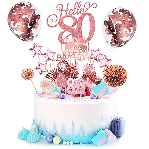 Tortendeko 80 Geburtstag Männer Frauen 17 Pcs Cake Topper Happy Birthday Kuchen Dekoration 80 Geburtstag Torten Topper Deko mit geburtstagskerzen Sternen Konfetti-Luftballons und Papierfächer Roségold von Nuts OT nuts