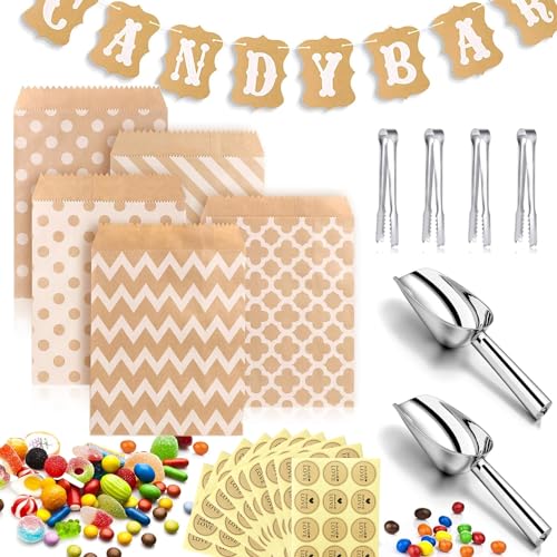 Candy Bar Zubehör Deko 67Stk Candybar Zubehör Set Enthält 50Stk Candybar Tüten 10 Sticker 4Stk Zuckerzange 2Stk Schaufeln und 1 Girlande für Candy-Bar Auf Geburtstag Oder Hochzeit von Nuyoah