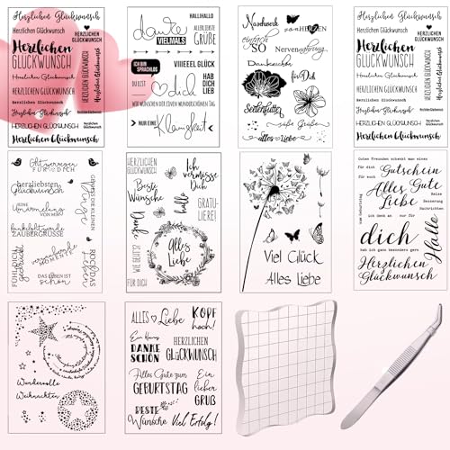 Silikonstempel Set Clear Stamps 10 Bögen Stempel Sprüche Deutsch mit Stempelblock 10x10cm für weihnachten Geburtstag Scrapbooking Journal Hochzeit Karten (10 Stile) von Nuyoah