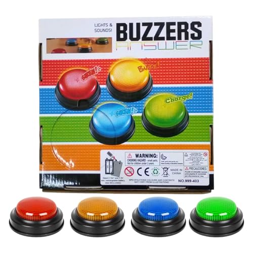 Nuytghr Antwort-Summer, Klassenzimmer-Spiel-Set, Licht- und Sound-Reaktionstasten, 8,9 x 8,9 x 4,9 cm, 4 x Wettbewerbsrequisiten, einfach zu bedienen für Familie, Quiz- und Partyspiele von Nuytghr